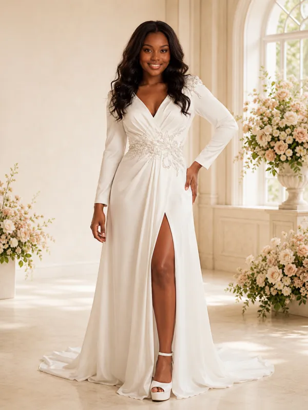 ChicSew Elegant A-Line V-Neck Long Sleeves Lace Appliques Chiffon Maxi Wedding Dress made by ChicSew