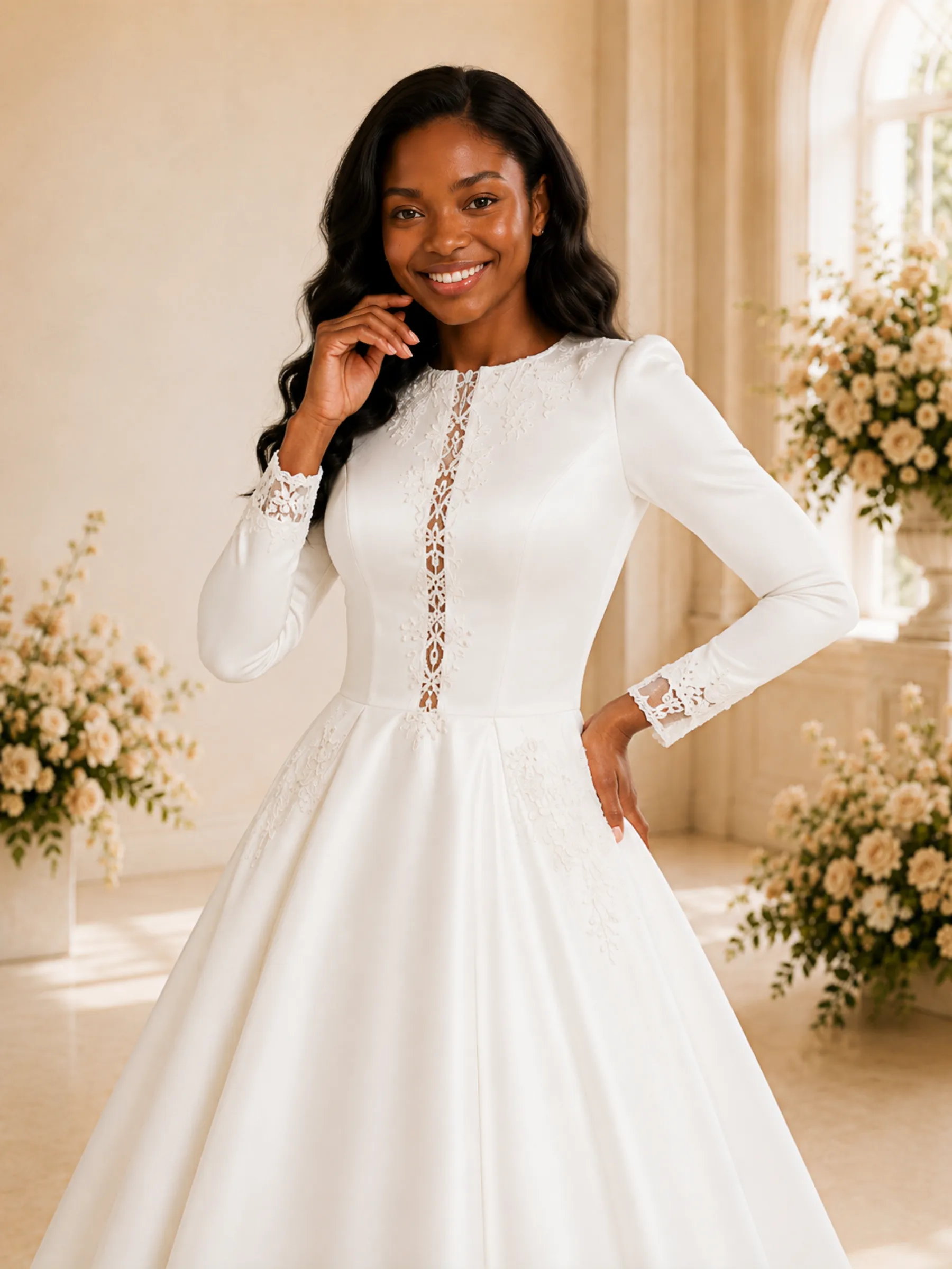 ChicSew Elegant A-Line Jewel Long Sleeves Lace Appliques Satin Maxi Wedding Dress sold by ChicSew product image thumbnail 2