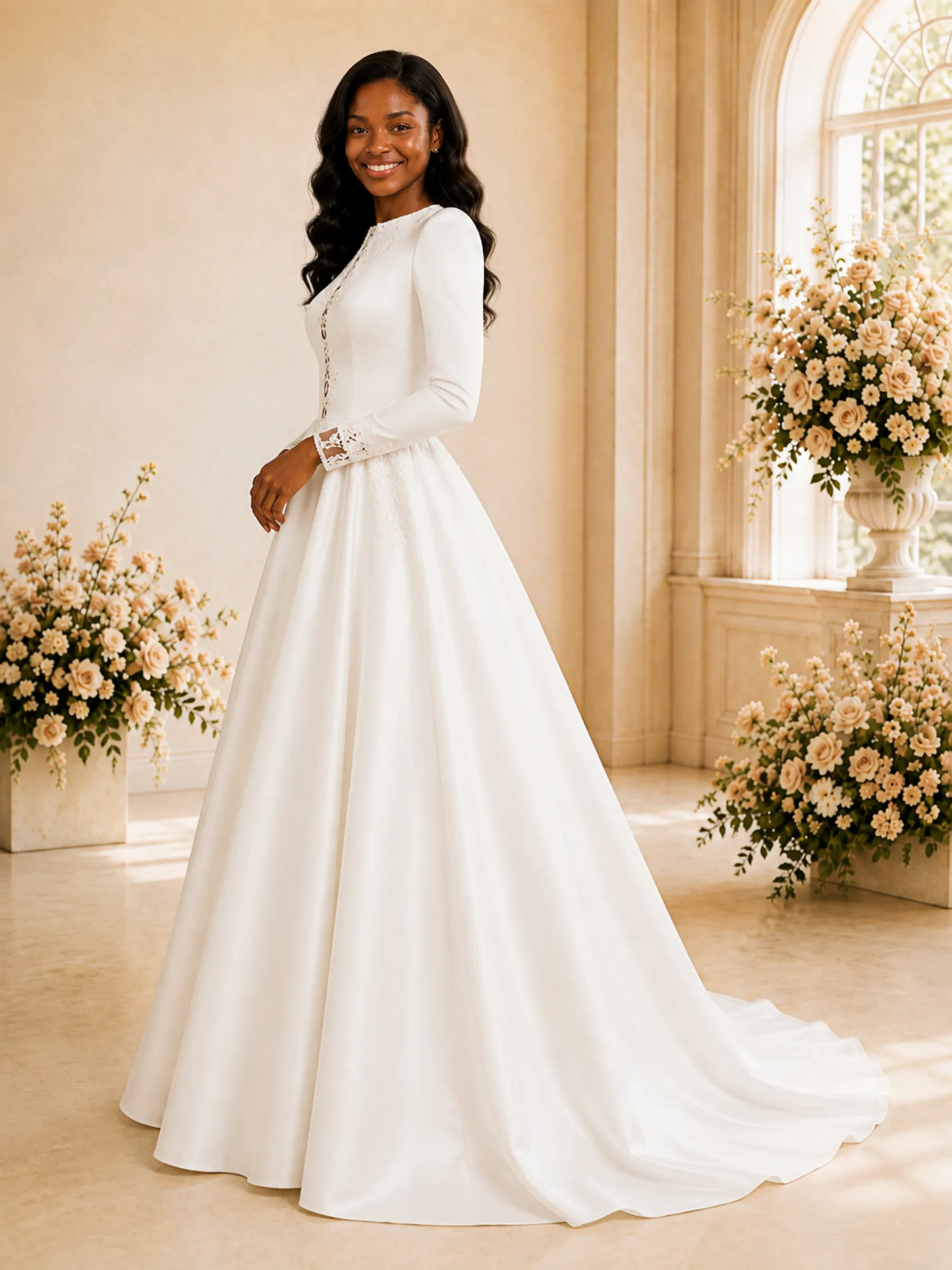 ChicSew Elegant A-Line Jewel Long Sleeves Lace Appliques Satin Maxi Wedding Dress sold by ChicSew product image thumbnail 3