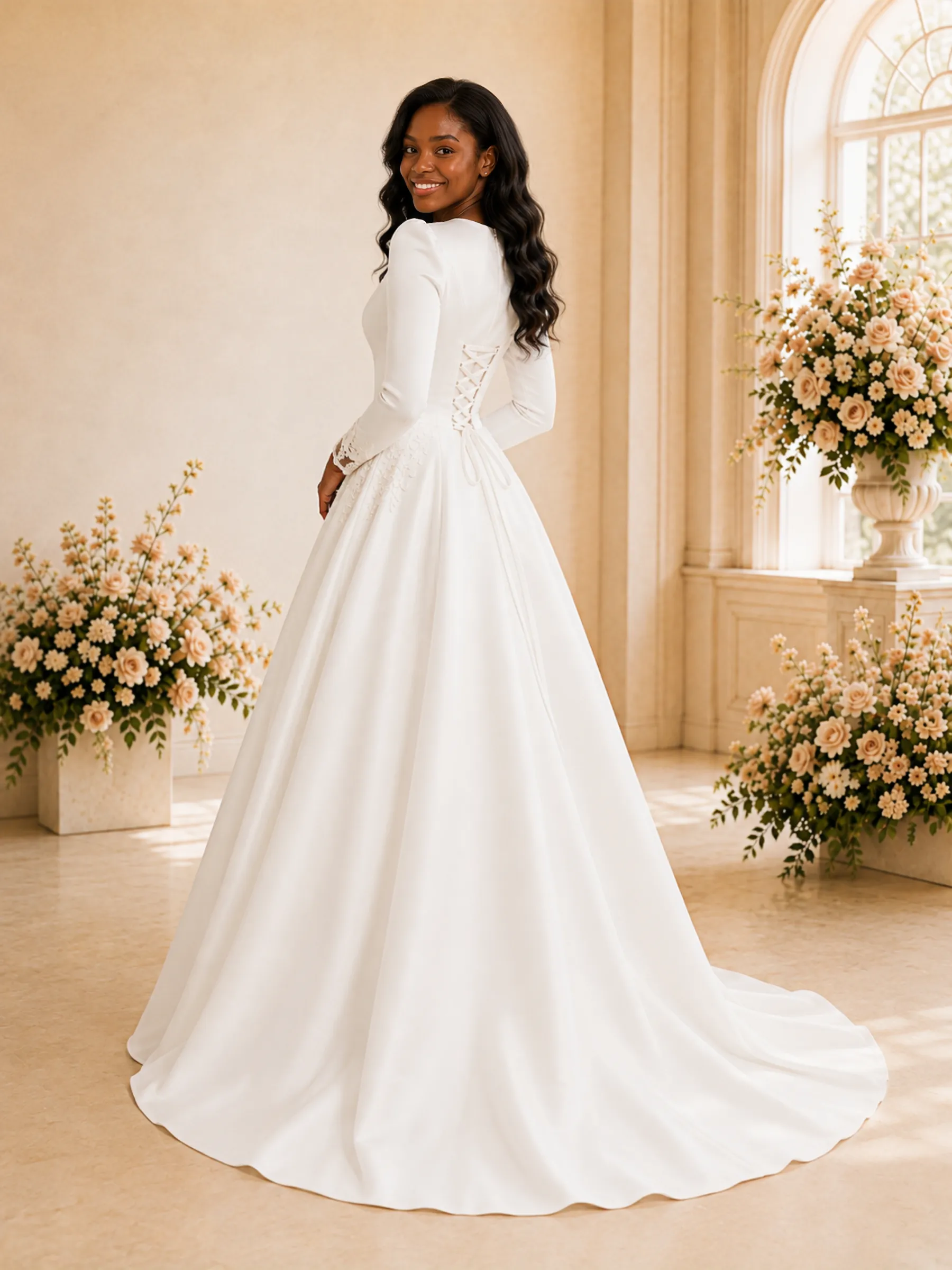 ChicSew Elegant A-Line Jewel Long Sleeves Lace Appliques Satin Maxi Wedding Dress sold by ChicSew product image thumbnail 4