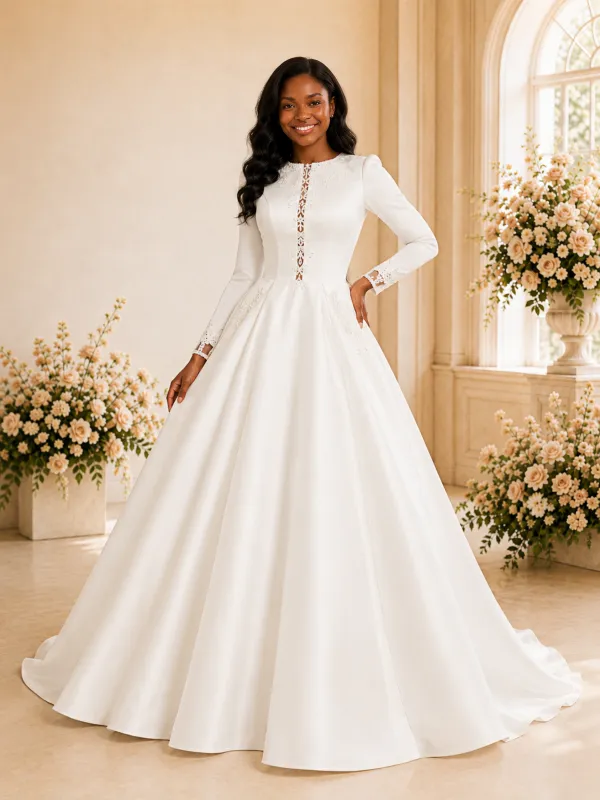 ChicSew Elegant A-Line Jewel Long Sleeves Lace Appliques Satin Maxi Wedding Dress made by ChicSew