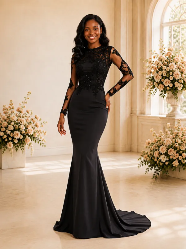 ChicSew Elegant Illusion Long Sleeves Satin Lace Appliques Mermaid Maxi Wedding Dress made by ChicSew
