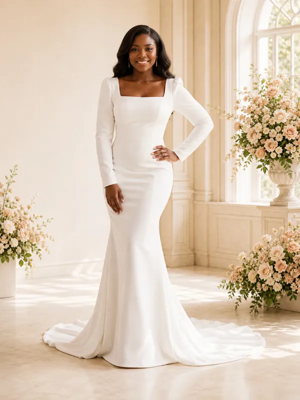 ChicSew Elegant Square Neck Long Sleeves Crepe Mermaid Maxi Wedding Dress made by ChicSew