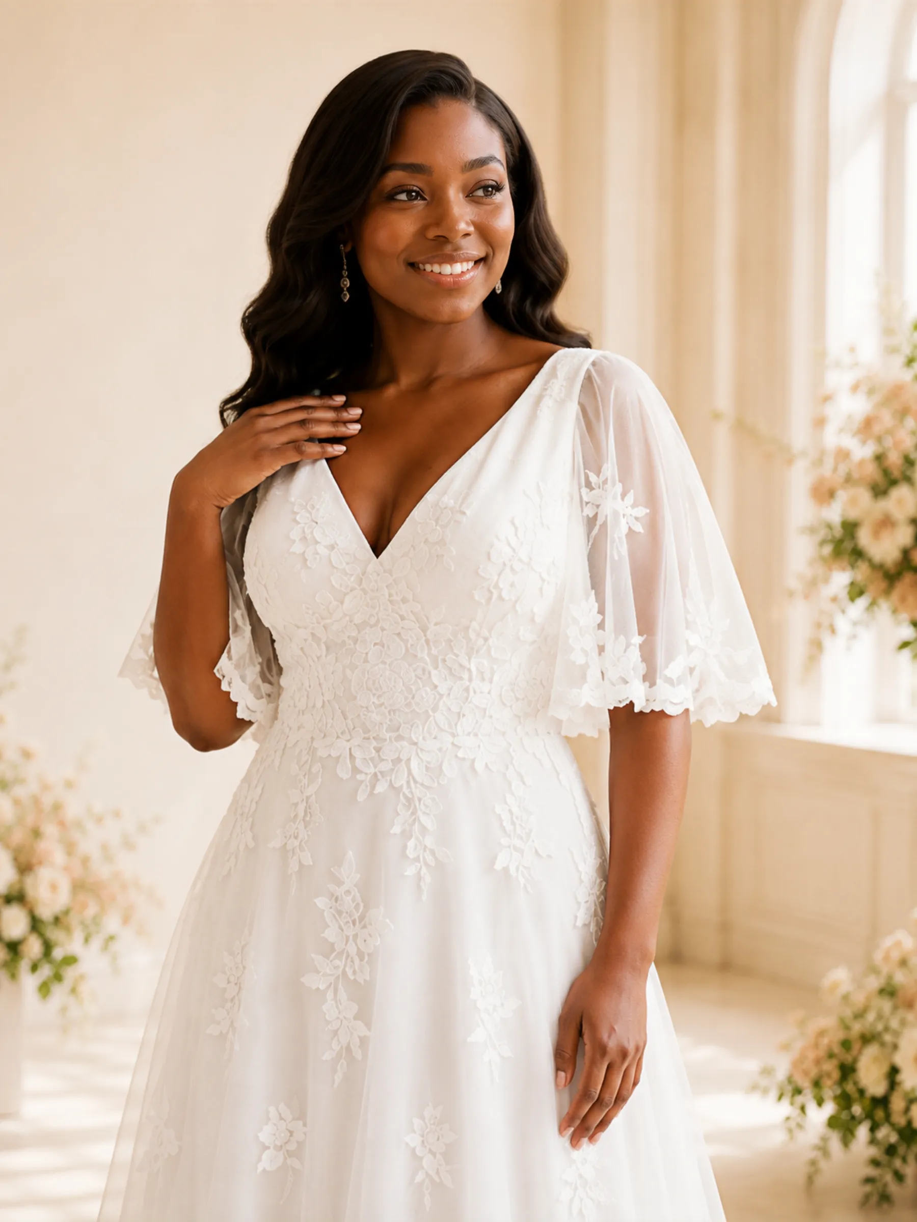 ChicSew Elegant V-Neck Half Sleeves Lace Appliques Chiffon A-Line Maxi Wedding Dress sold by ChicSew product image thumbnail 2