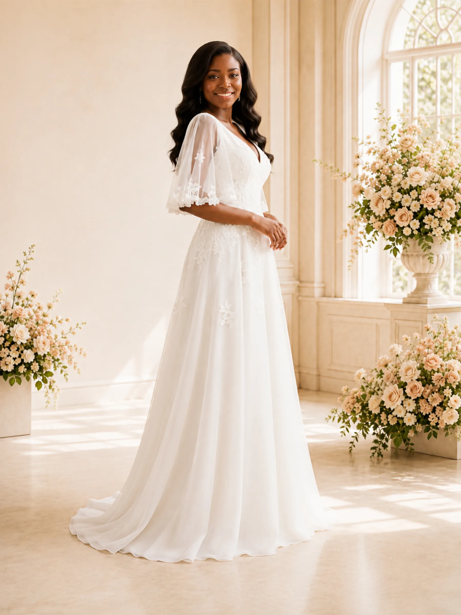 ChicSew Elegant V-Neck Half Sleeves Lace Appliques Chiffon A-Line Maxi Wedding Dress sold by ChicSew product image thumbnail 3