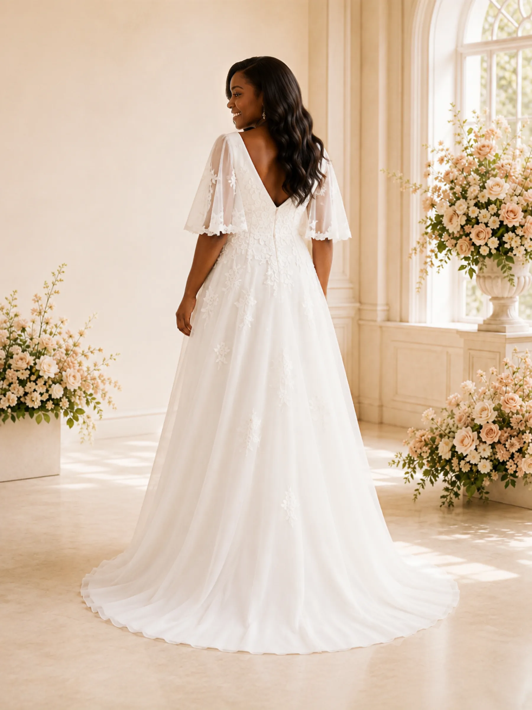 ChicSew Elegant V-Neck Half Sleeves Lace Appliques Chiffon A-Line Maxi Wedding Dress sold by ChicSew product image thumbnail 4