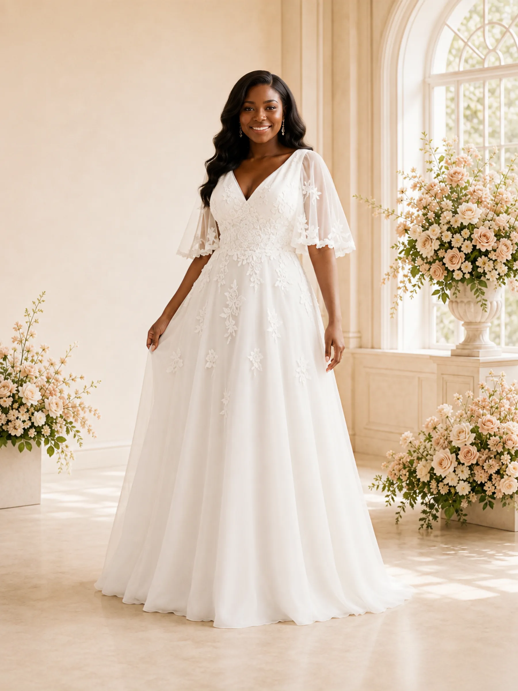 ChicSew Elegant V-Neck Half Sleeves Lace Appliques Chiffon A-Line Maxi Wedding Dress sold by ChicSew