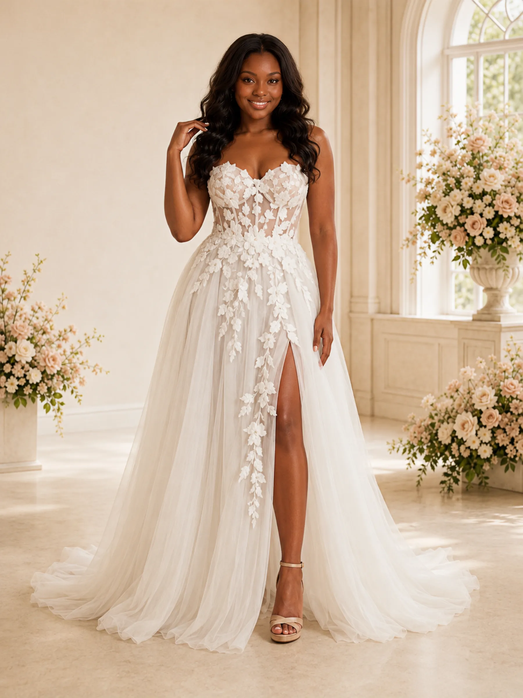 ChicSew Romantic A-Line Sweetheart Boning Tulle Lace Appliques Maxi Wedding Dress sold by ChicSew