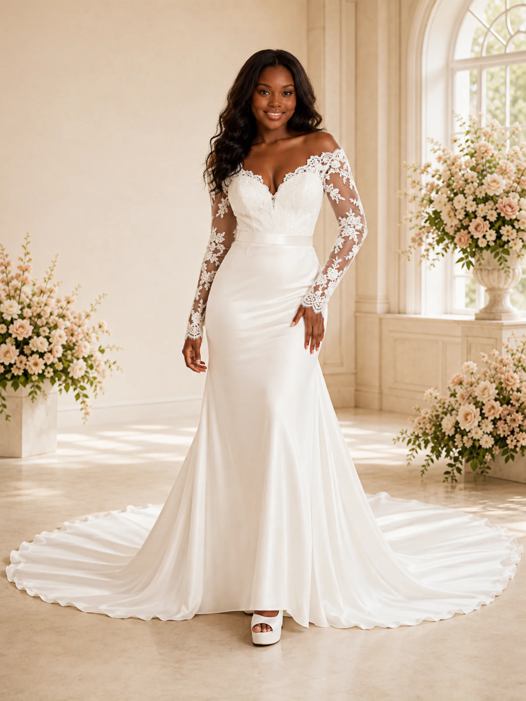 ChicSew Elegant A-Line V-Neck Long Sleeves Satin Mermaid Maxi Wedding Dress sold by ChicSew