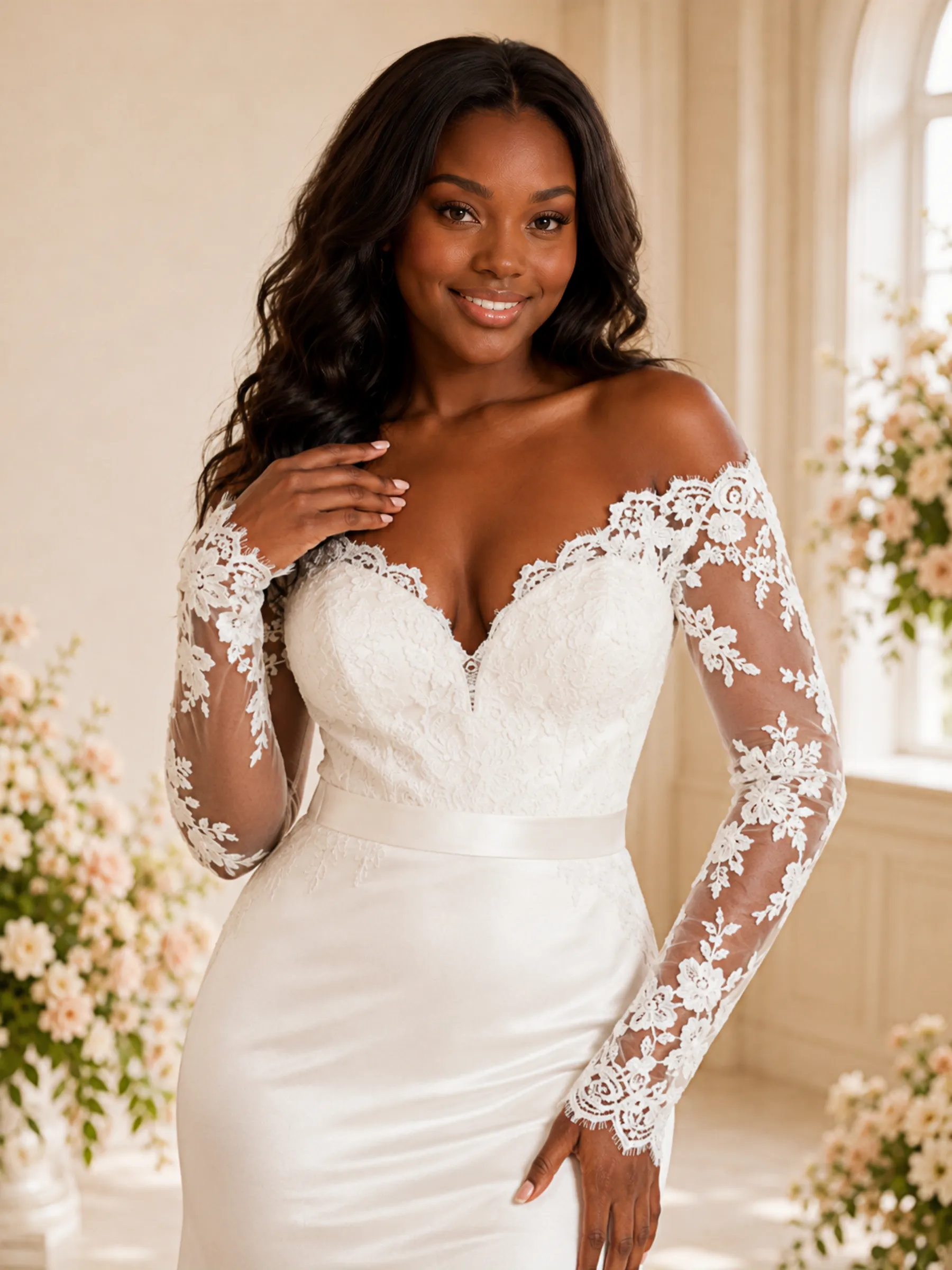ChicSew Elegant A-Line V-Neck Long Sleeves Satin Mermaid Maxi Wedding Dress sold by ChicSew product image thumbnail 2