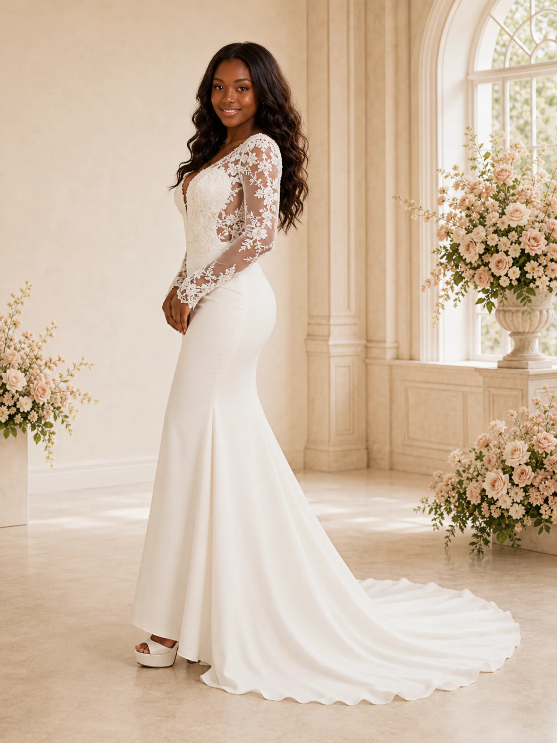 ChicSew Elegant A-Line V-Neck Long Sleeves Satin Mermaid Maxi Wedding Dress sold by ChicSew product image thumbnail 3