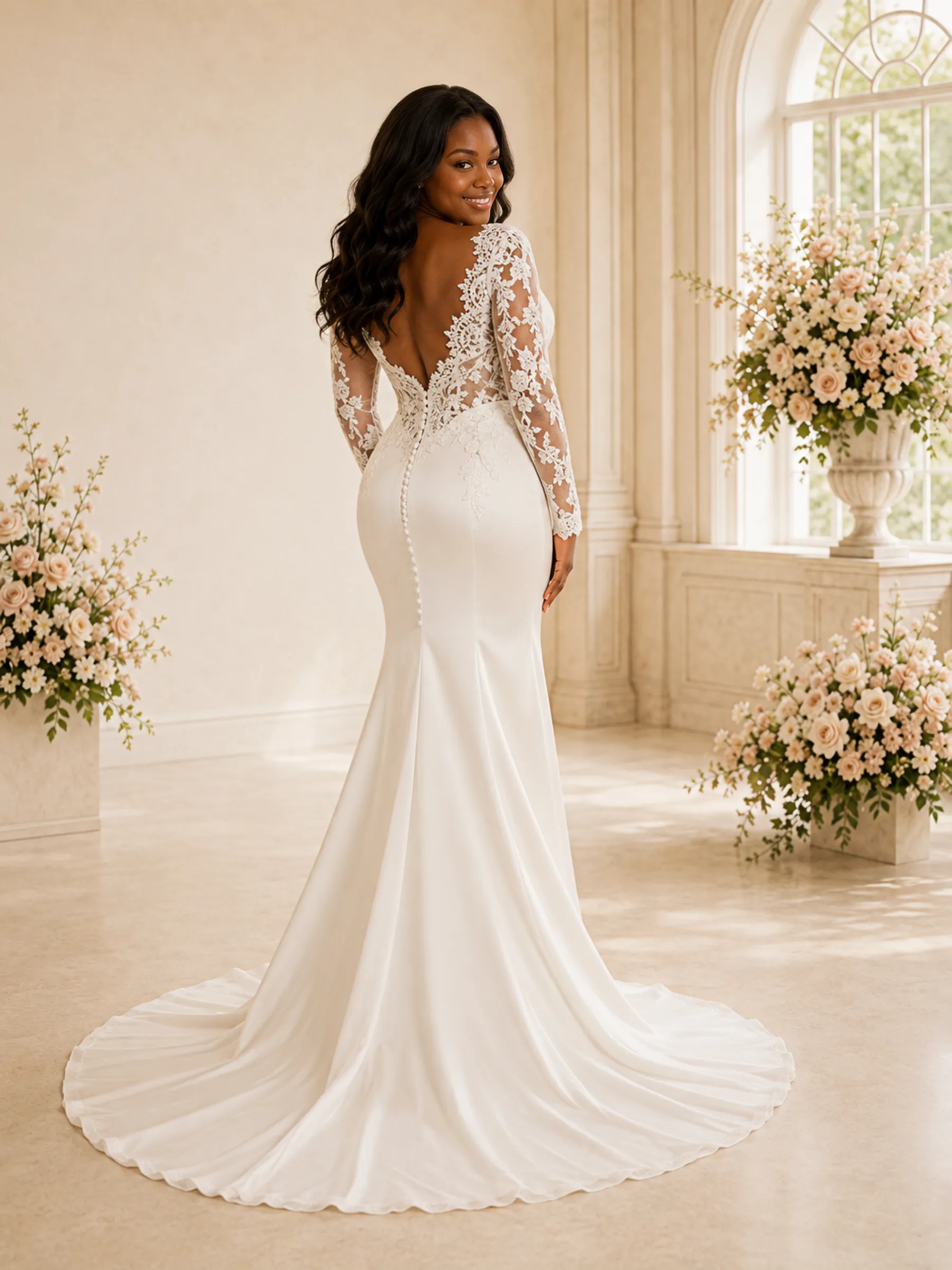 ChicSew Elegant A-Line V-Neck Long Sleeves Satin Mermaid Maxi Wedding Dress sold by ChicSew product image thumbnail 4