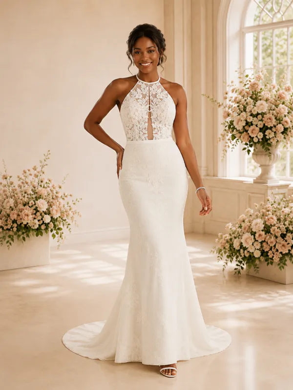 ChicSew Romantic Halter Neck Lace Mermaid Floor-Length Wedding Dress made by ChicSew