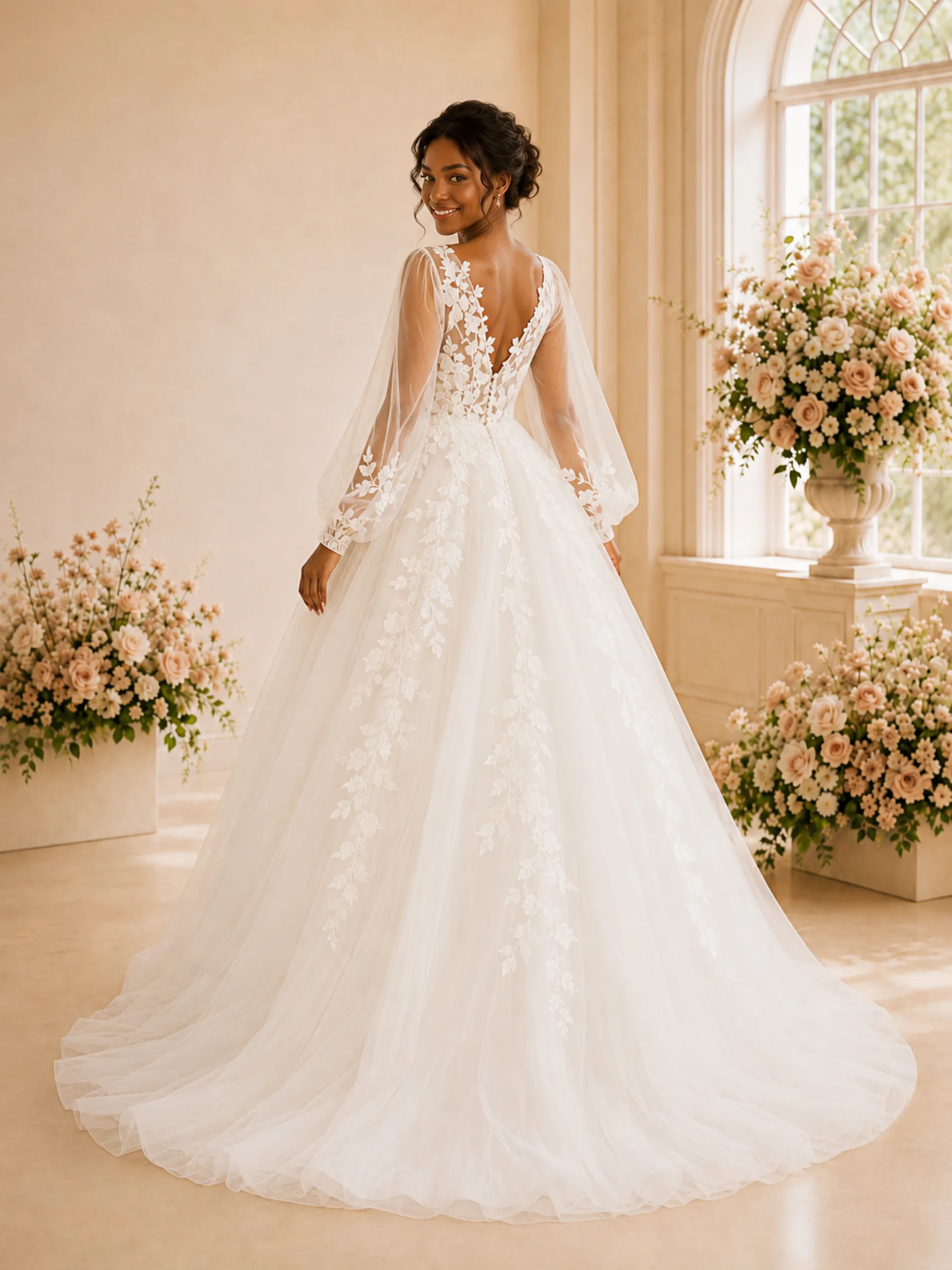 ChicSew Elegant A-Line V-Neck Long Sleeves Tulle Maxi Wedding Dress With Lace Appliques sold by ChicSew product image thumbnail 3