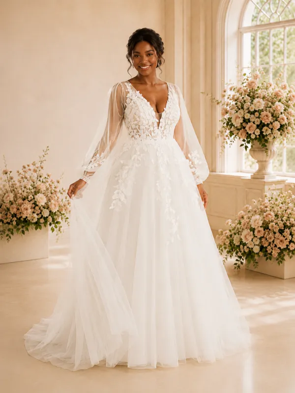 ChicSew Elegant A-Line V-Neck Long Sleeves Tulle Maxi Wedding Dress With Lace Appliques made by ChicSew