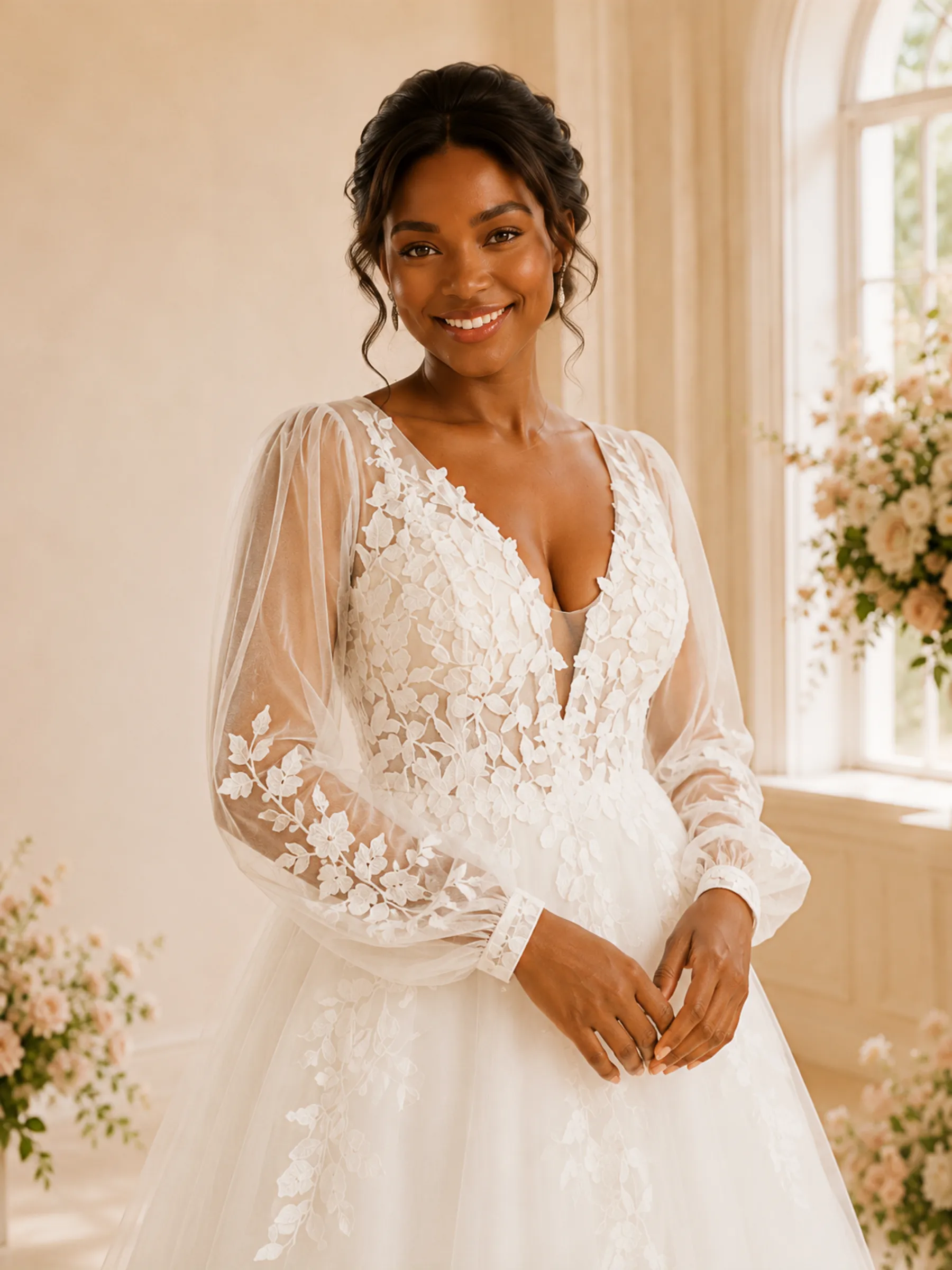 ChicSew Elegant A-Line V-Neck Long Sleeves Tulle Maxi Wedding Dress With Lace Appliques sold by ChicSew product image thumbnail 2