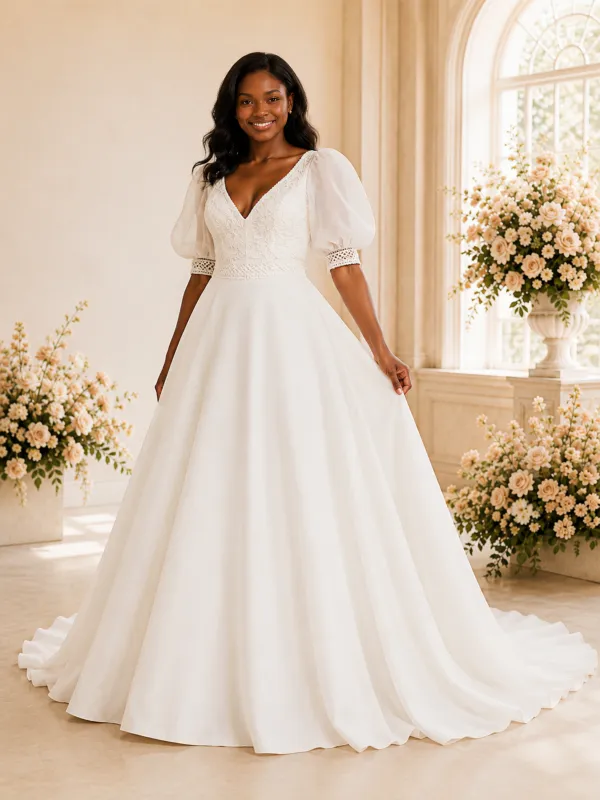 ChicSew Elegant V-Neck Short Sleeves Chiffon Maxi Wedding Dress With Lace Appliques made by ChicSew