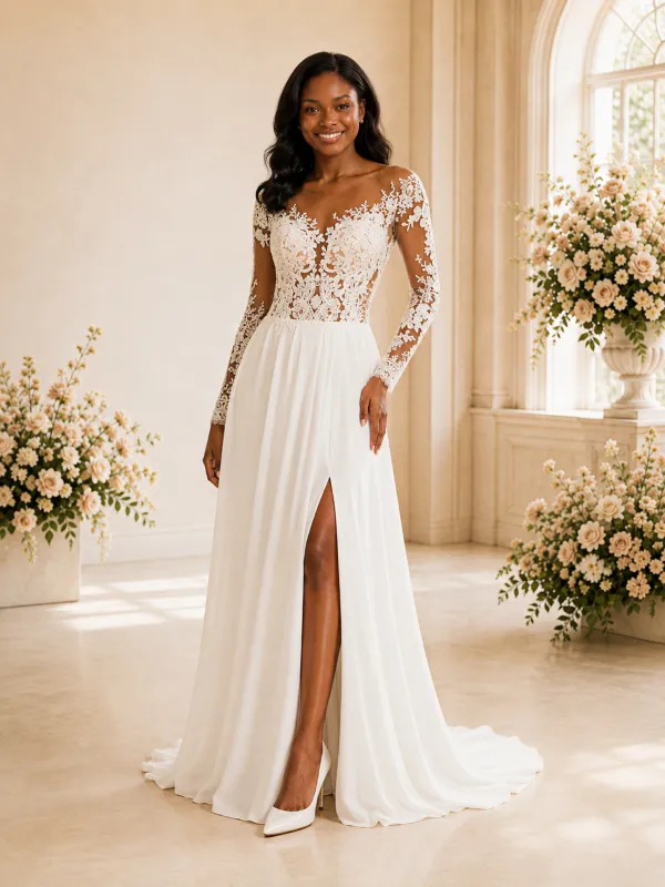 ChicSew Elegant A-Line Illusion Long Sleeves Lace Chiffon Maxi Wedding Dress made by ChicSew