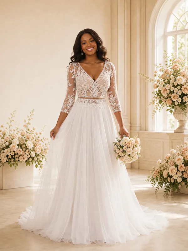 ChicSew Elegant A-Line V-Neck 3/4 Sleeves Lace Tulle Maxi Wedding Dress made by ChicSew