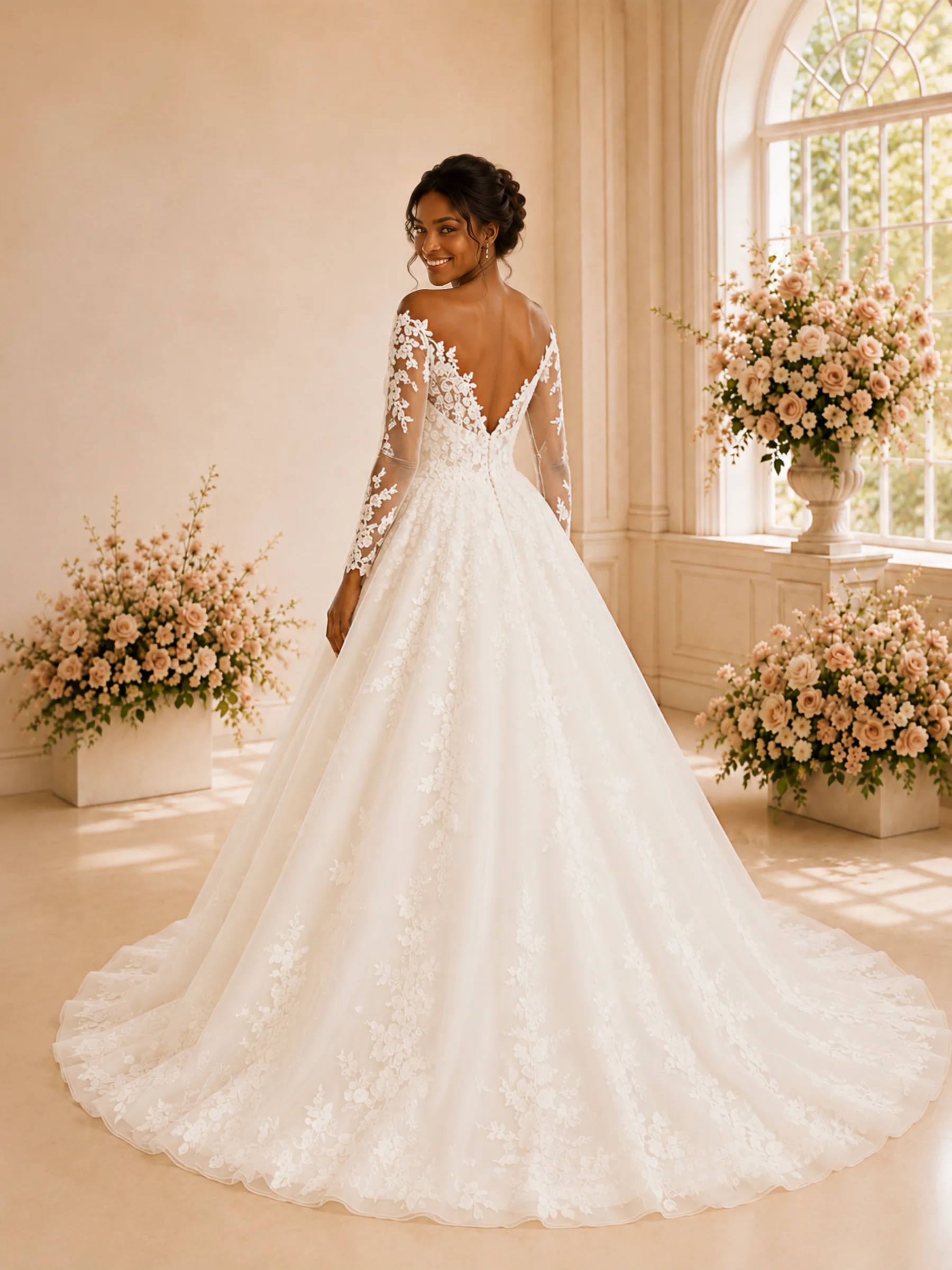 ChicSew Elegant A-Line V-Neck Long Sleeves Lace Appliques Tulle Maxi Wedding Dress sold by ChicSew product image thumbnail 3
