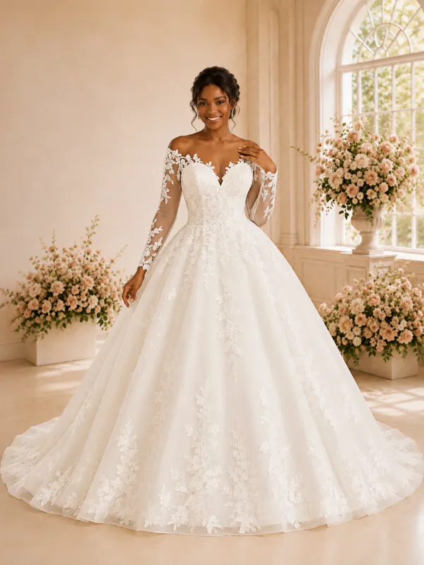 ChicSew Elegant A-Line V-Neck Long Sleeves Lace Appliques Tulle Maxi Wedding Dress made by ChicSew
