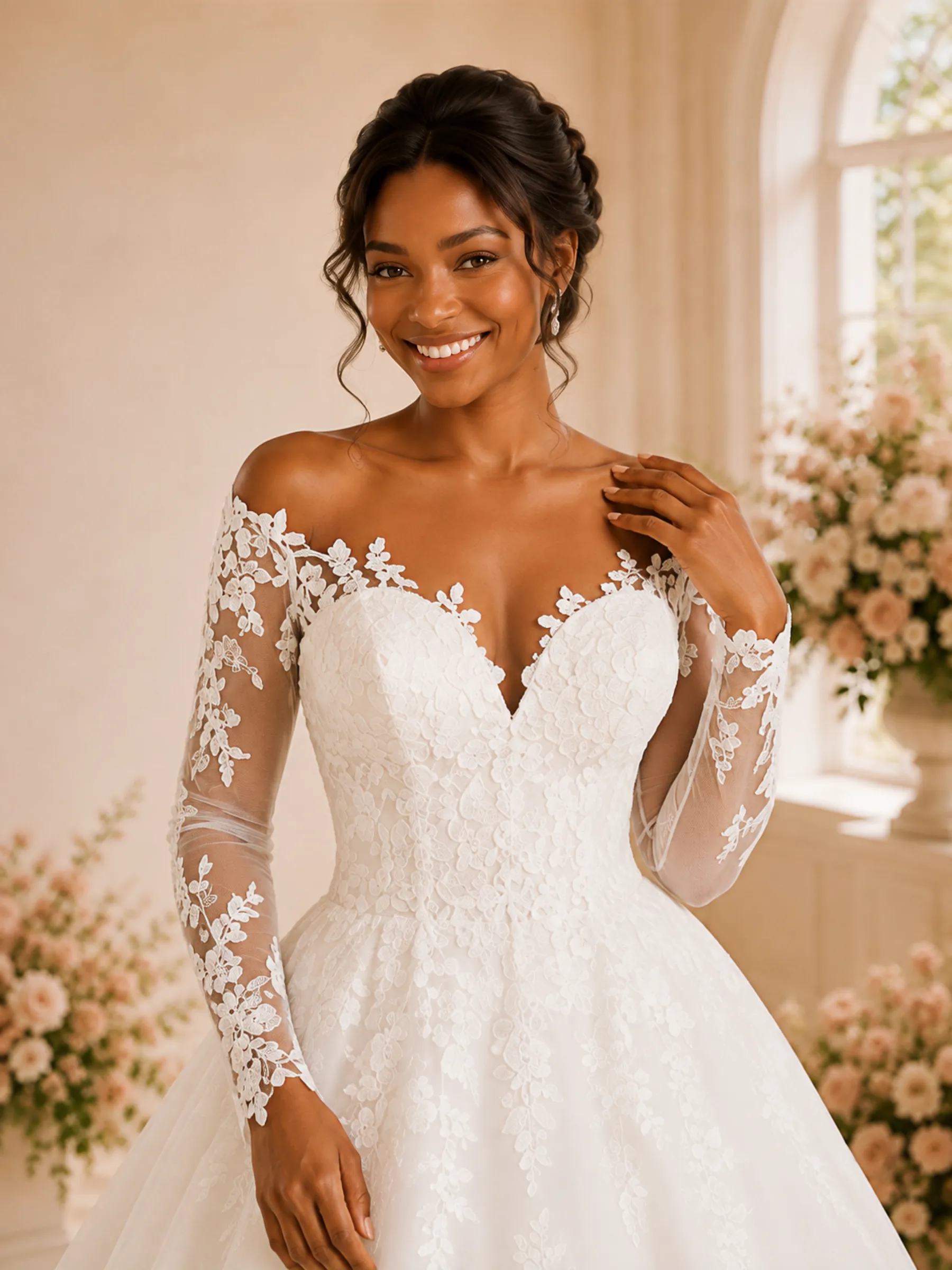 ChicSew Elegant A-Line V-Neck Long Sleeves Lace Appliques Tulle Maxi Wedding Dress sold by ChicSew product image thumbnail 2
