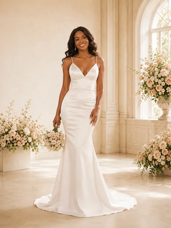 ChicSew Simple Spaghetti Straps Satin Mermaid Floor-Length Wedding Dress made by ChicSew