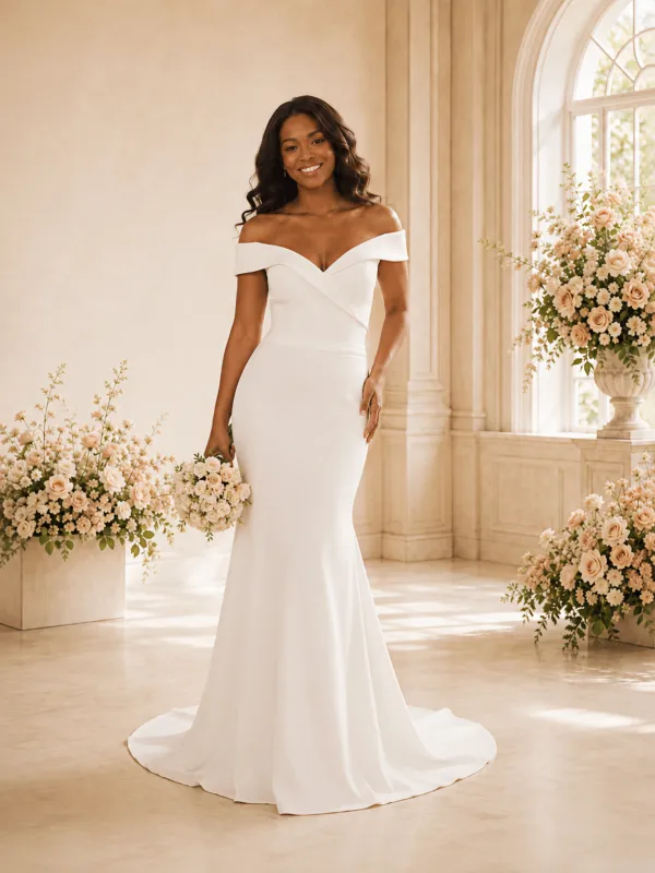 ChicSew Elegant Off The Shoulder Crepe Mermaid Floor-Length Wedding Dress made by ChicSew