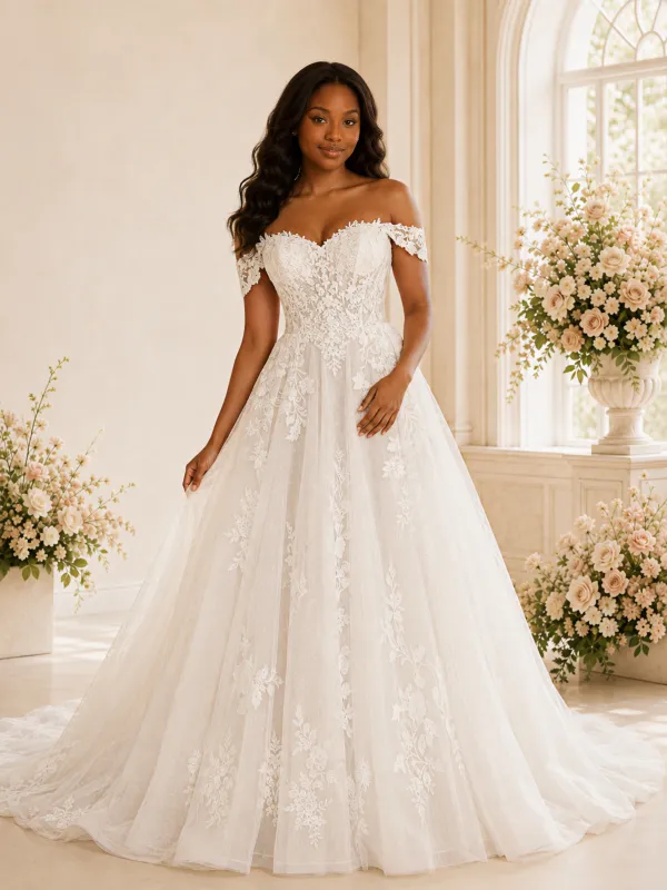 ChicSew Romantic A-Line Off The Shoulder Glitter Tulle Lace Appliques Maxi Wedding Dress made by ChicSew