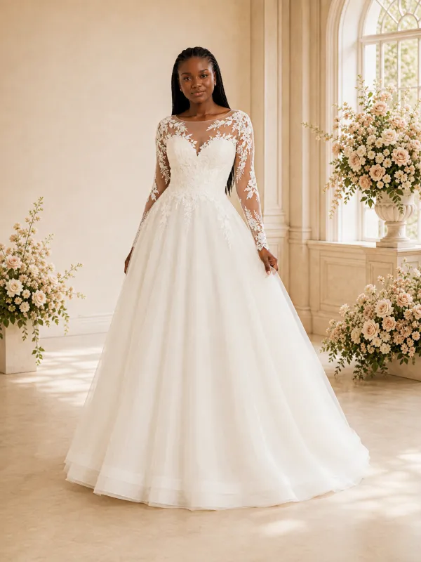 ChicSew Elegant A-Line Illusion Long Sleeves Lace Appliques Tulle Maxi Wedding Dress made by ChicSew