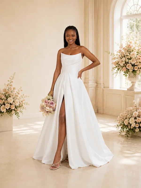 ChicSew Modern Simple Satin Strapless Long A-Line Wedding Dress With Slit made by ChicSew