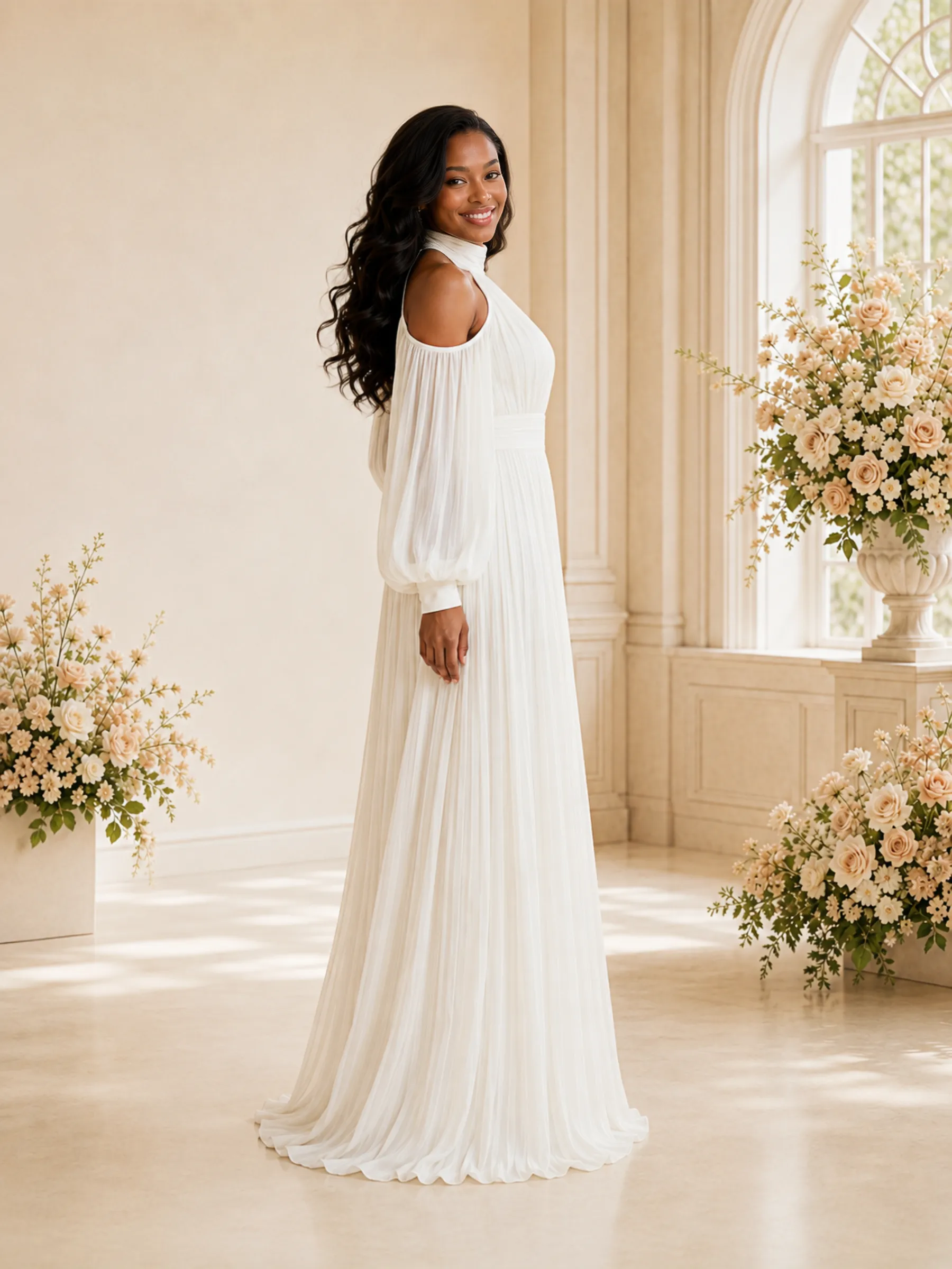 ChicSew Elegant High Neck Long Sleeves Pleats Chiffon A-Line Maxi Wedding Dress sold by ChicSew product image thumbnail 3