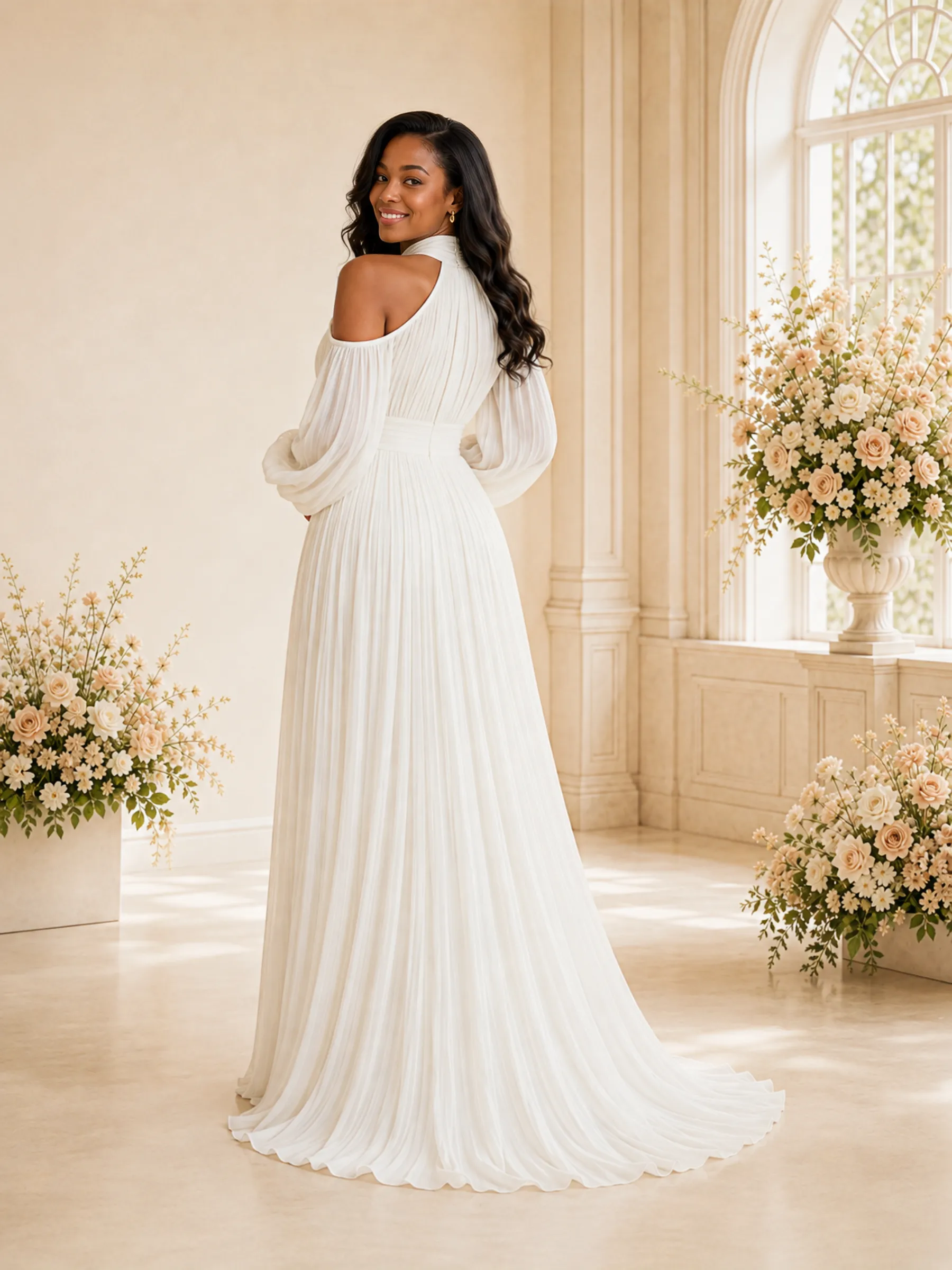 ChicSew Elegant High Neck Long Sleeves Pleats Chiffon A-Line Maxi Wedding Dress sold by ChicSew product image thumbnail 4