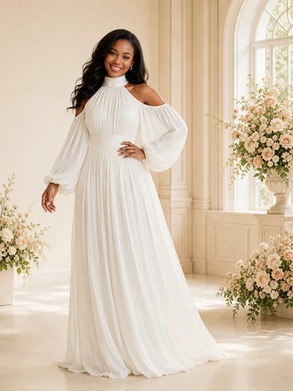 ChicSew Elegant High Neck Long Sleeves Pleats Chiffon A-Line Maxi Wedding Dress made by ChicSew