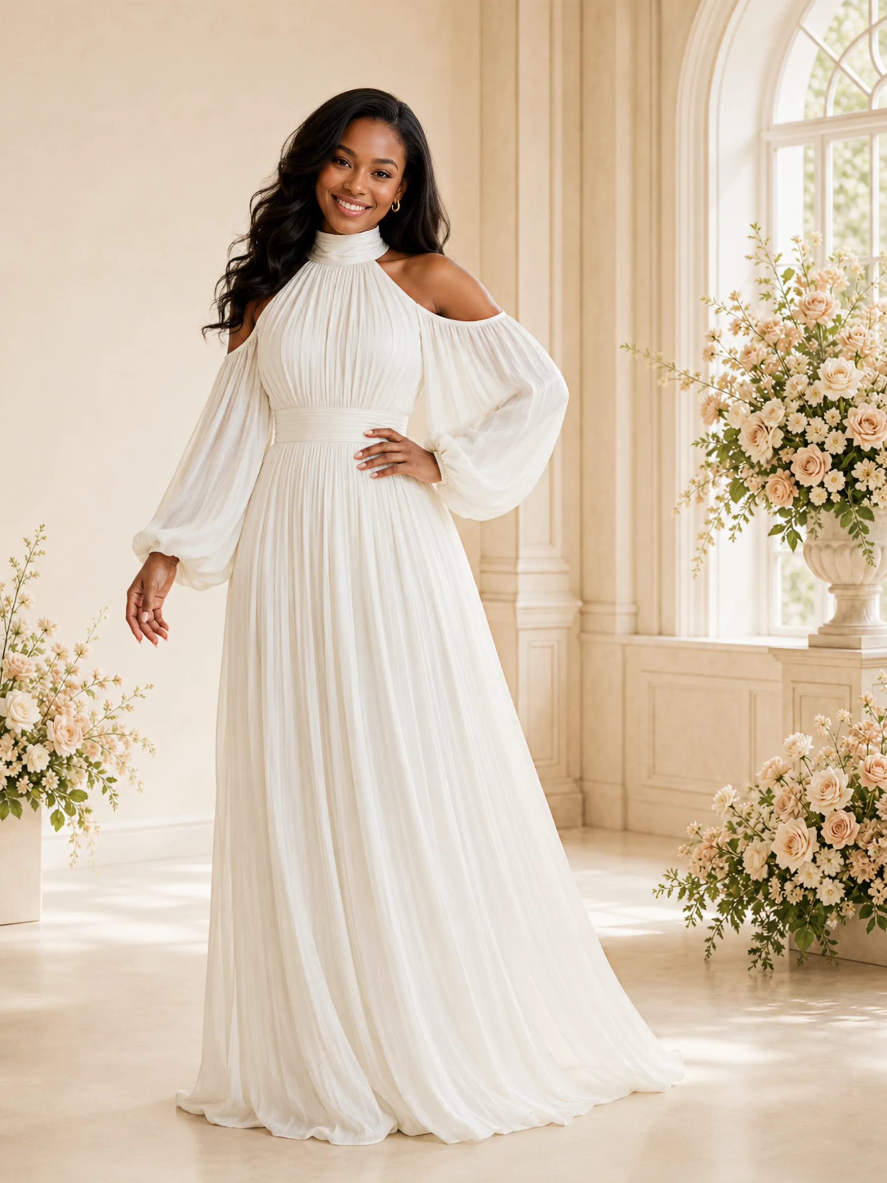 ChicSew Elegant High Neck Long Sleeves Pleats Chiffon A-Line Maxi Wedding Dress sold by ChicSew