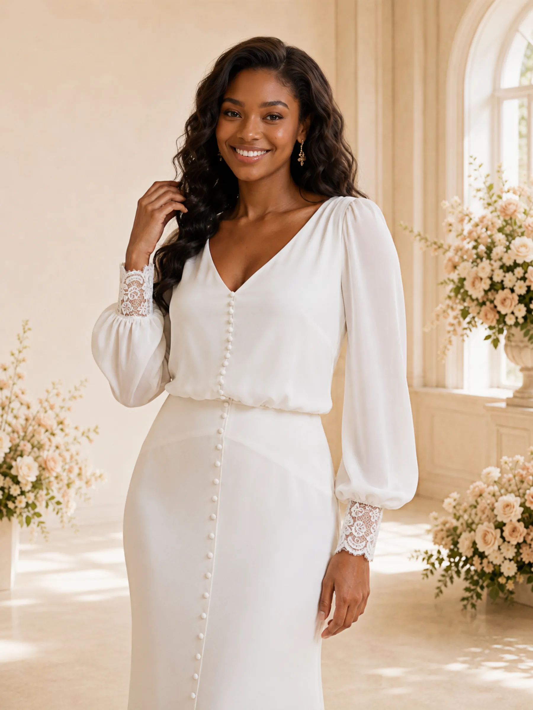 ChicSew Elegant V-Neck Long Sleeves Button Chiffon Mermaid Maxi Wedding Dress sold by ChicSew product image thumbnail 2