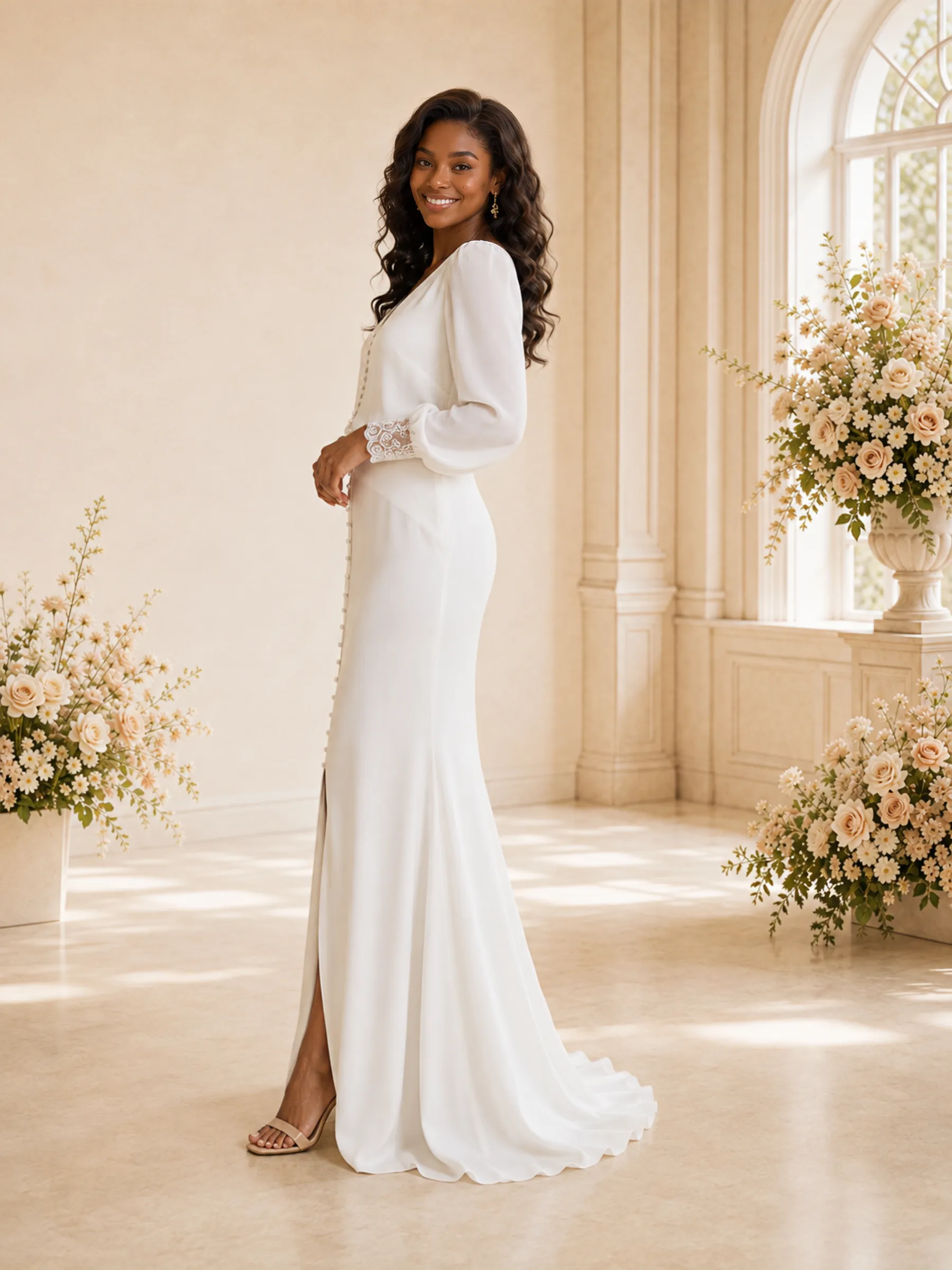 ChicSew Elegant V-Neck Long Sleeves Button Chiffon Mermaid Maxi Wedding Dress sold by ChicSew product image thumbnail 3