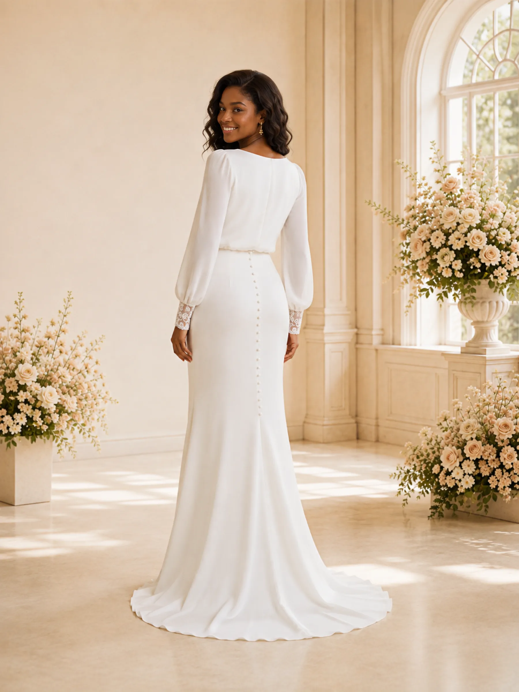 ChicSew Elegant V-Neck Long Sleeves Button Chiffon Mermaid Maxi Wedding Dress sold by ChicSew product image thumbnail 4