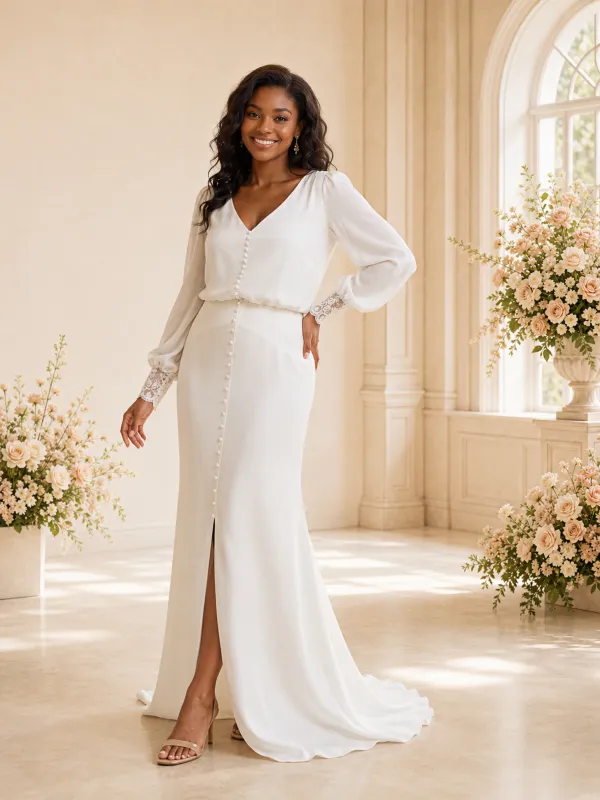 ChicSew Elegant V-Neck Long Sleeves Button Chiffon Mermaid Maxi Wedding Dress made by ChicSew