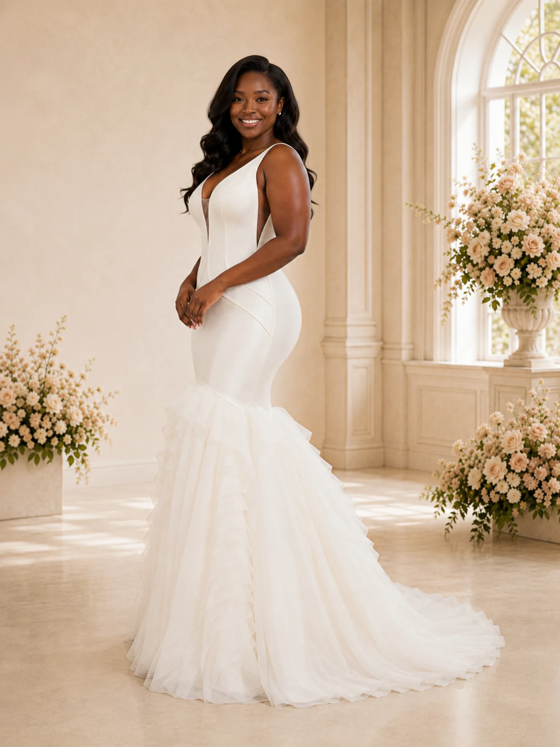ChicSew Modern Deep V-Neck Spaghetti Straps Satin Tulle Maxi Mermaid Wedding Dress sold by ChicSew product image thumbnail 3
