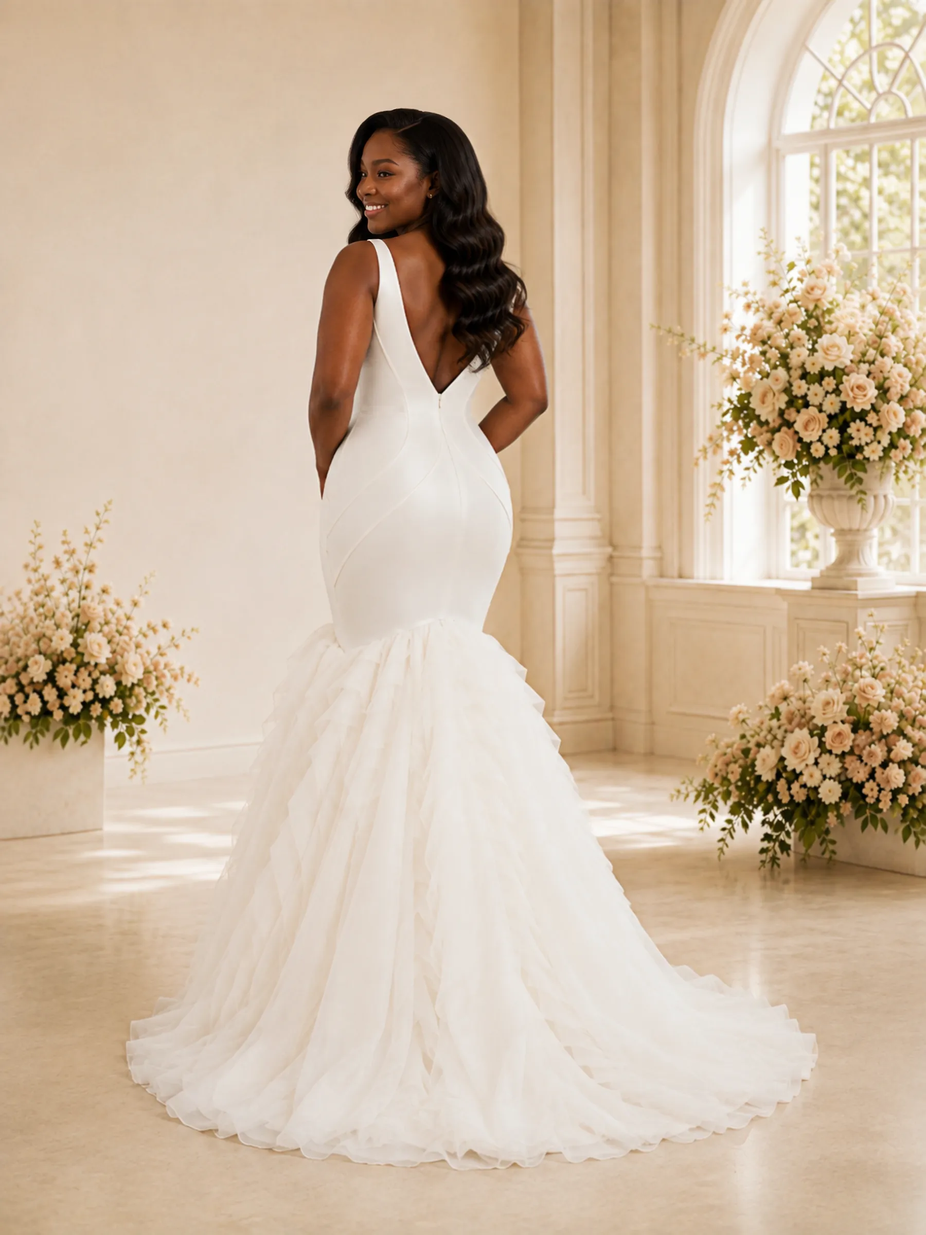 ChicSew Modern Deep V-Neck Spaghetti Straps Satin Tulle Maxi Mermaid Wedding Dress sold by ChicSew product image thumbnail 4