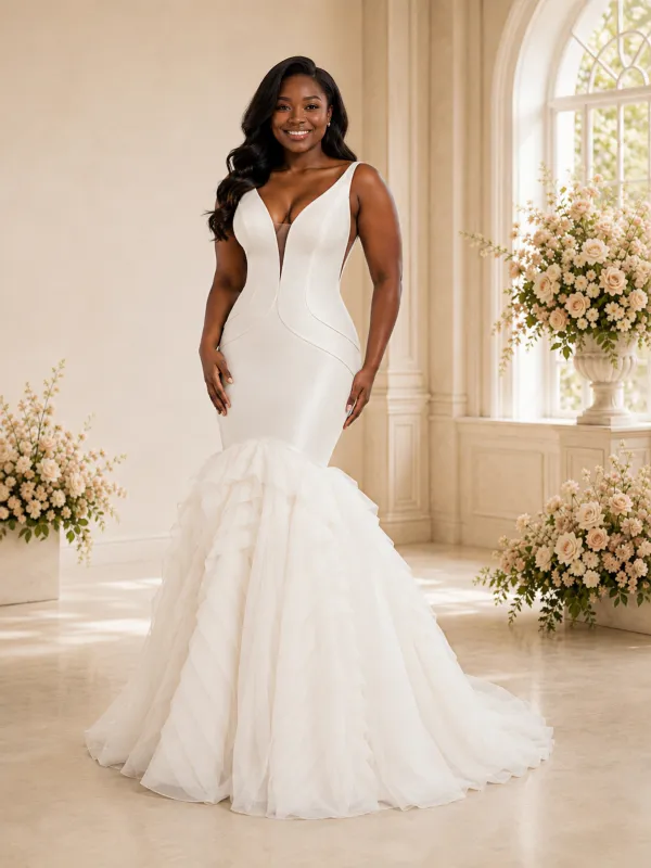 ChicSew Modern Deep V-Neck Spaghetti Straps Satin Tulle Maxi Mermaid Wedding Dress made by ChicSew