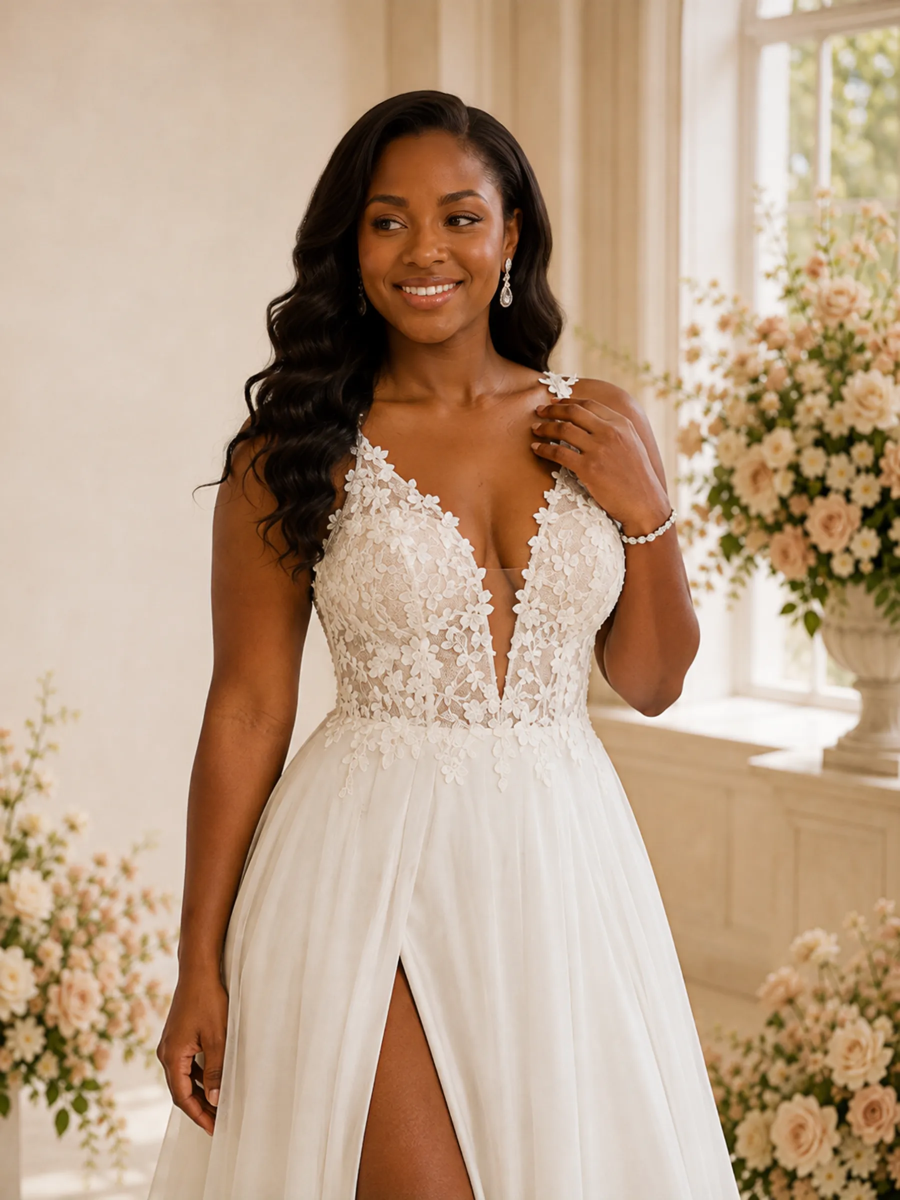 ChicSew Fancy V-Neck Lace Chiffon A-Line Floor-Length Wedding Dress With Side Slit sold by ChicSew product image thumbnail 2