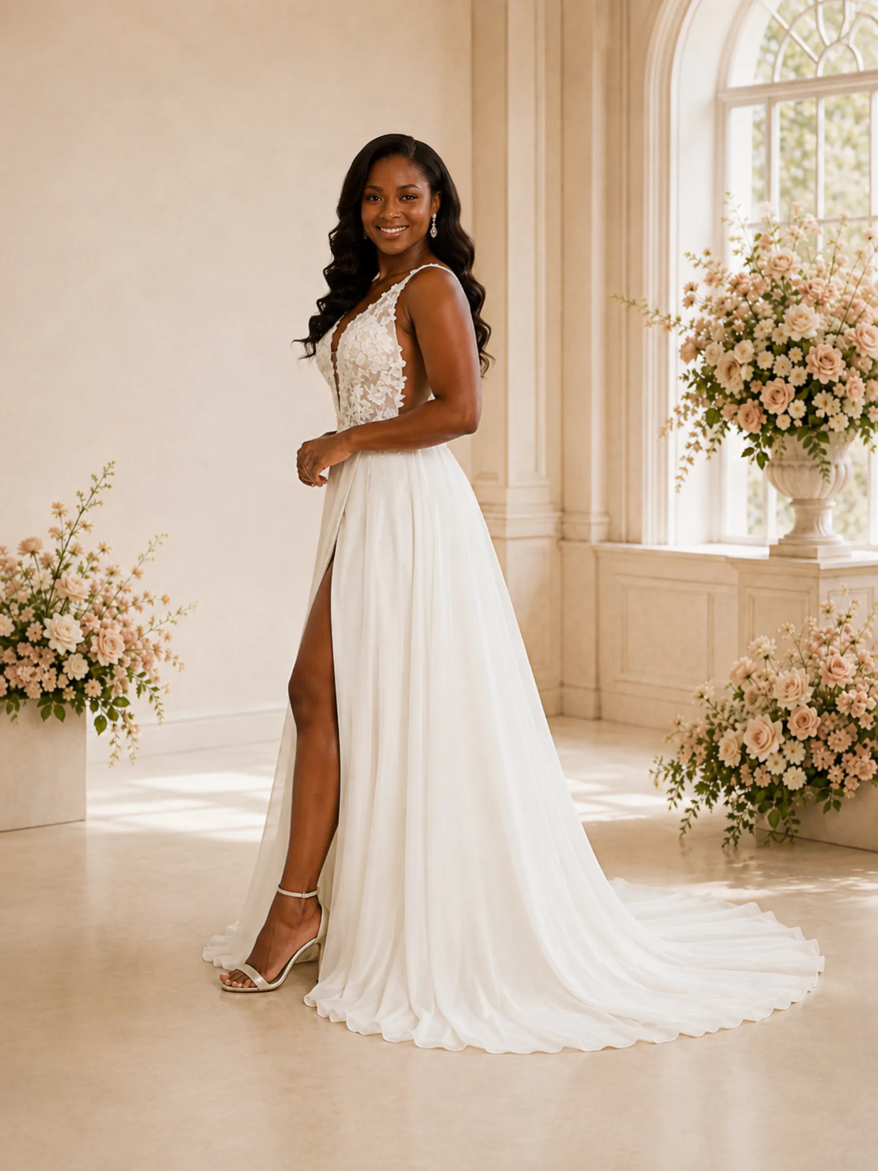 ChicSew Fancy V-Neck Lace Chiffon A-Line Floor-Length Wedding Dress With Side Slit sold by ChicSew product image thumbnail 3