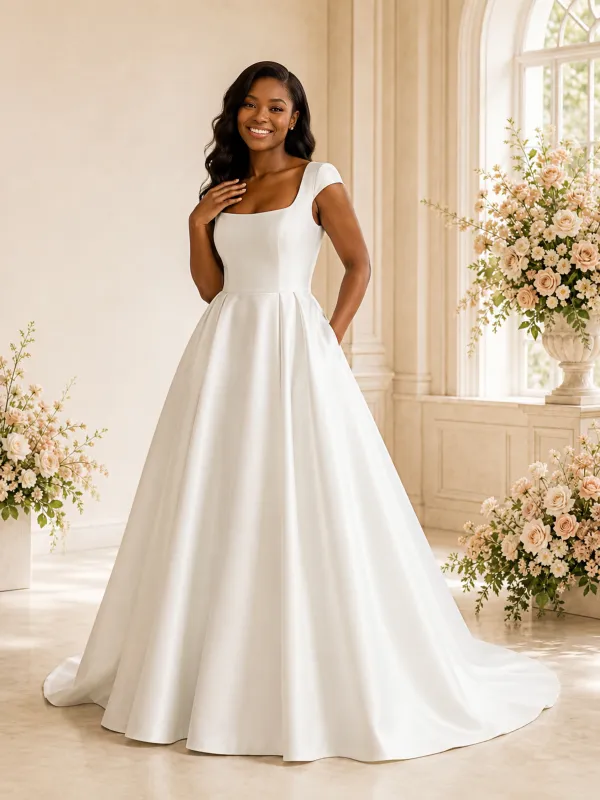 ChicSew Fancy Square Neck A-Line Satin Maxi Wedding Dress With Button made by ChicSew