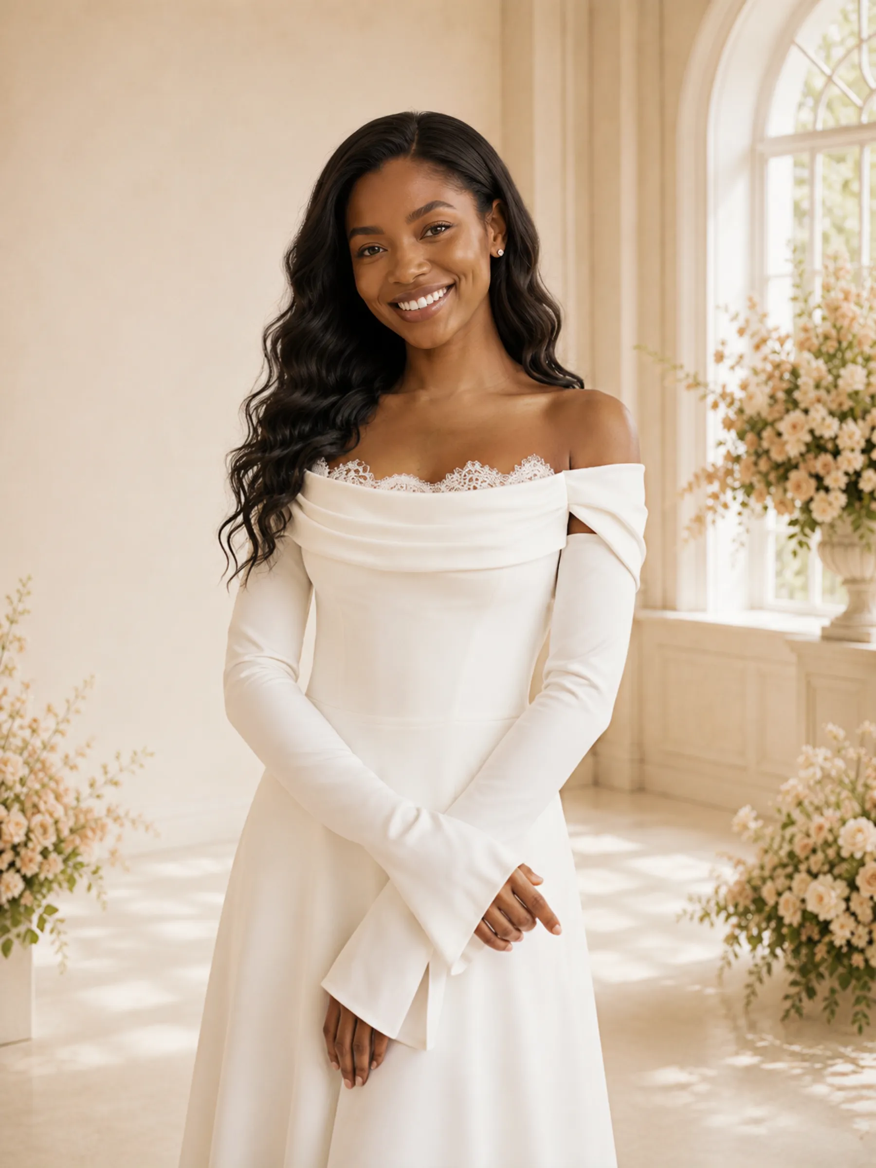 ChicSew Fancy Off The Shoulder Long Sleeves Ruching Crepe Maxi Wedding Dress sold by ChicSew product image thumbnail 2
