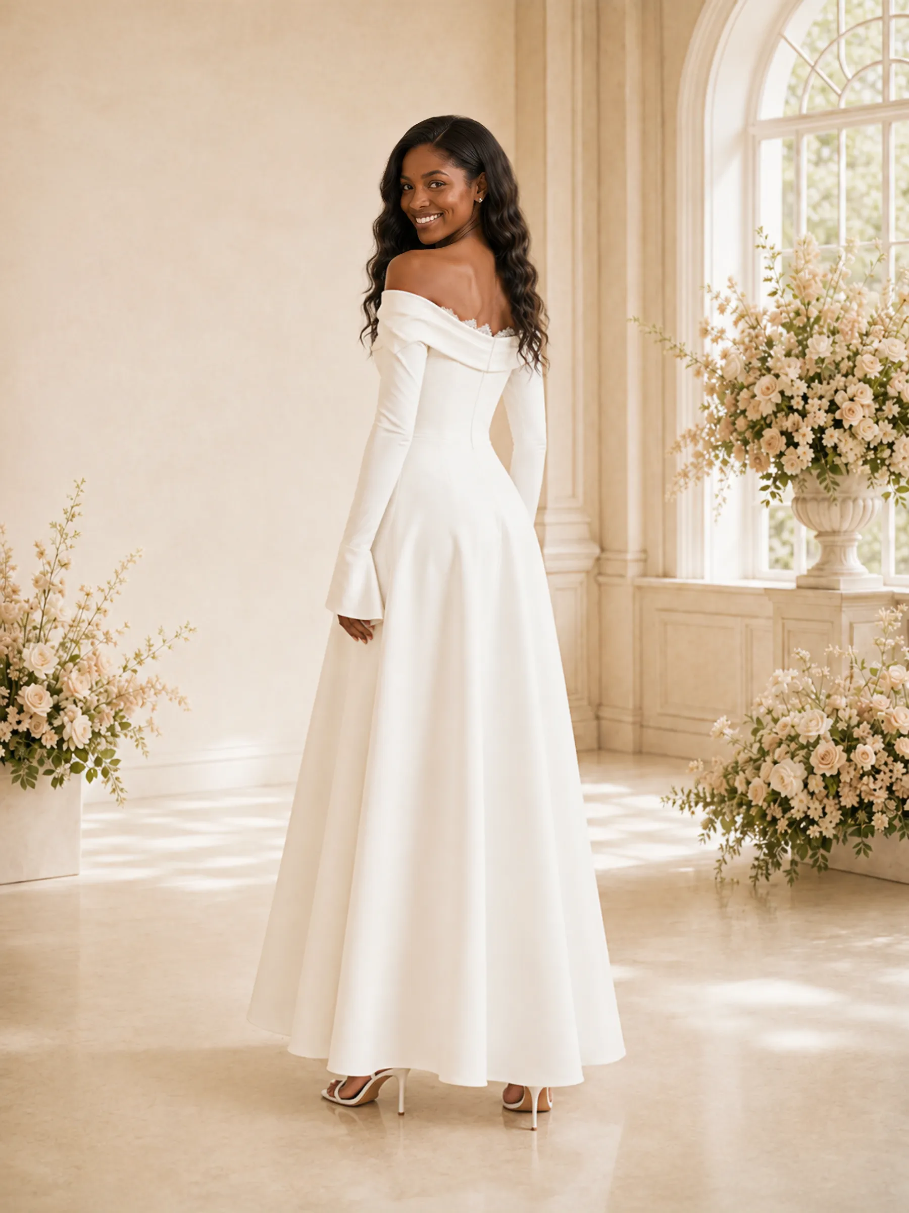 ChicSew Fancy Off The Shoulder Long Sleeves Ruching Crepe Maxi Wedding Dress sold by ChicSew product image thumbnail 3