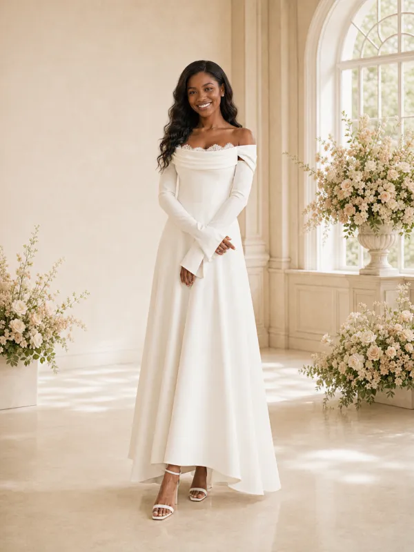 ChicSew Fancy Off The Shoulder Long Sleeves Ruching Crepe Maxi Wedding Dress made by ChicSew