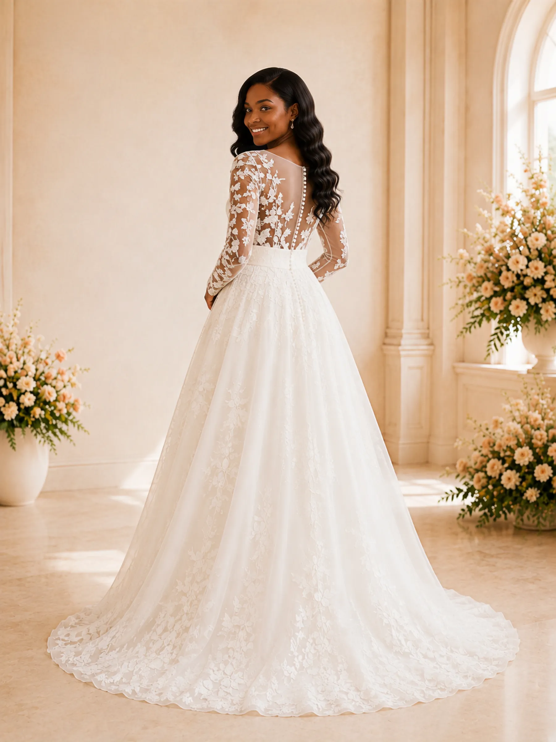 ChicSew Elegant Romantic Illusion Long Sleeves Lace Appliques Tulle A-Line Maxi Wedding Dress sold by ChicSew product image thumbnail 4