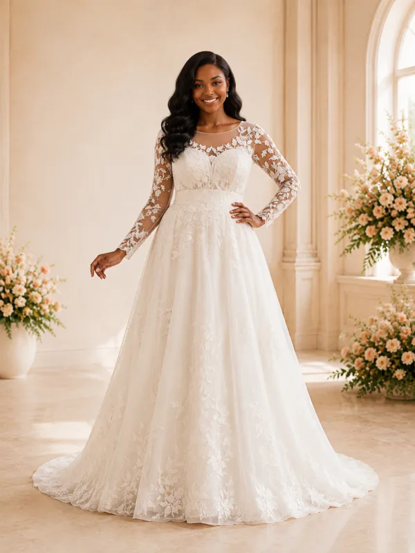 ChicSew Elegant Romantic Illusion Long Sleeves Lace Appliques Tulle A-Line Maxi Wedding Dress made by ChicSew